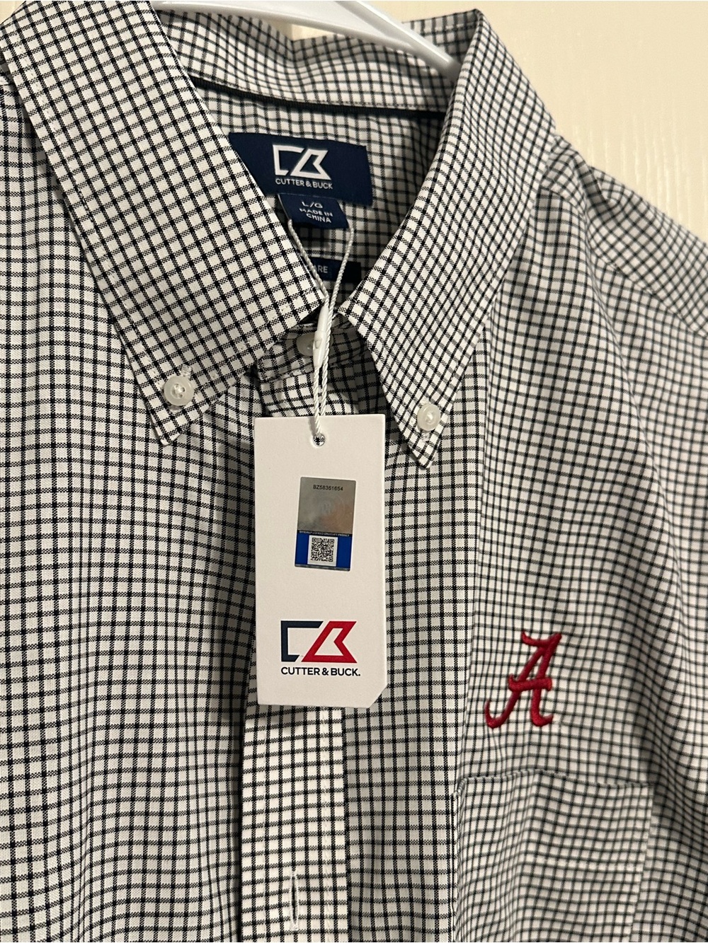 Cutter & Buck B/W Checked Button-Down Shirt with Alabama Red ‘A' Embroidery